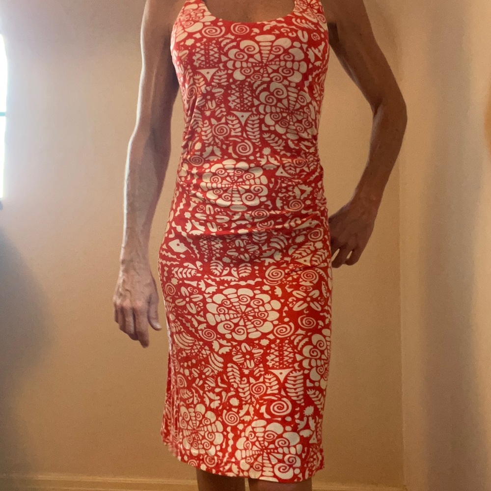 Cotton dress. Nice fit. Orange with fun white pattern